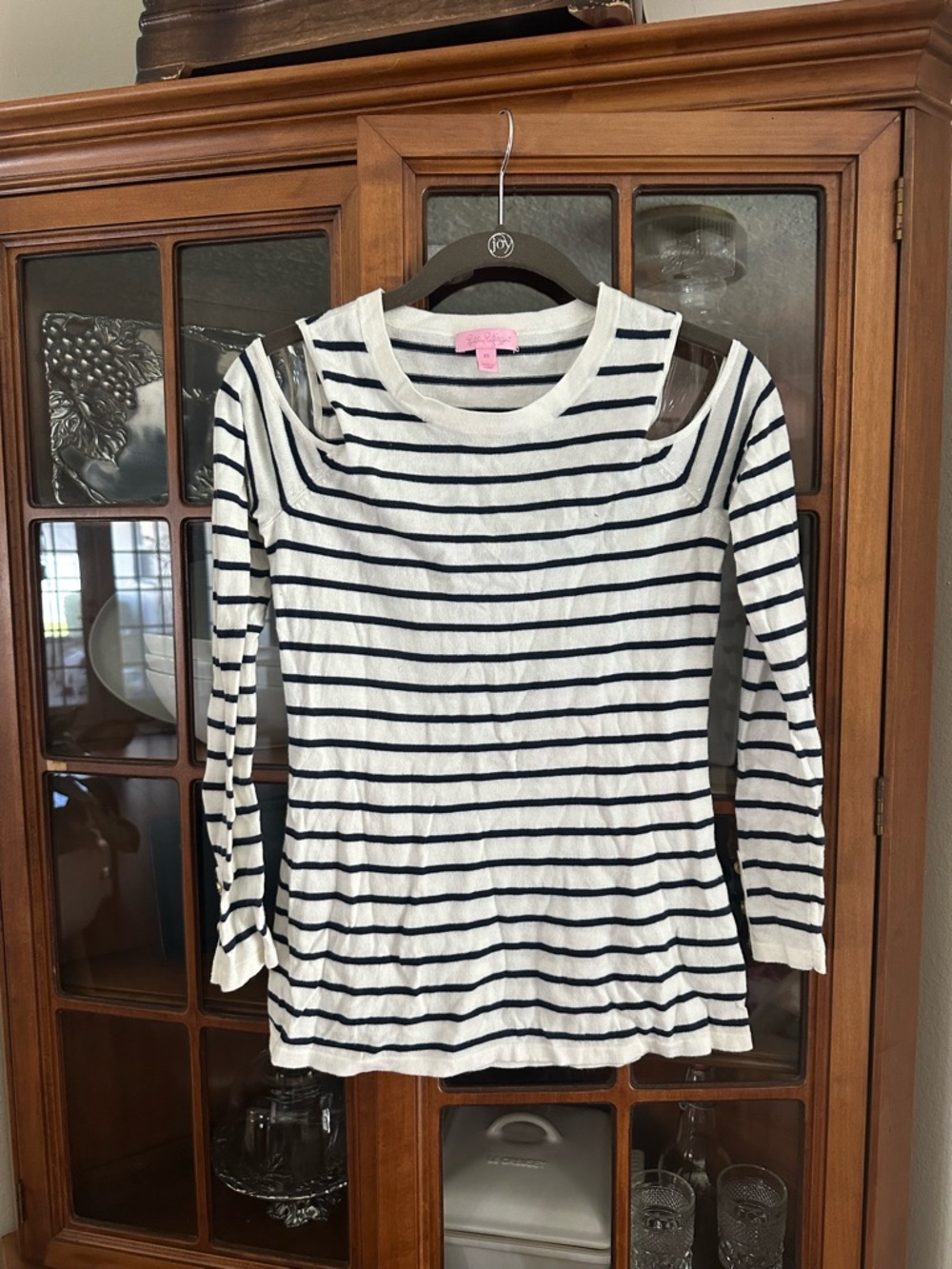 Lilly Pulitzer White & Navy Striped Crewneck Cold Shoulder Sweater